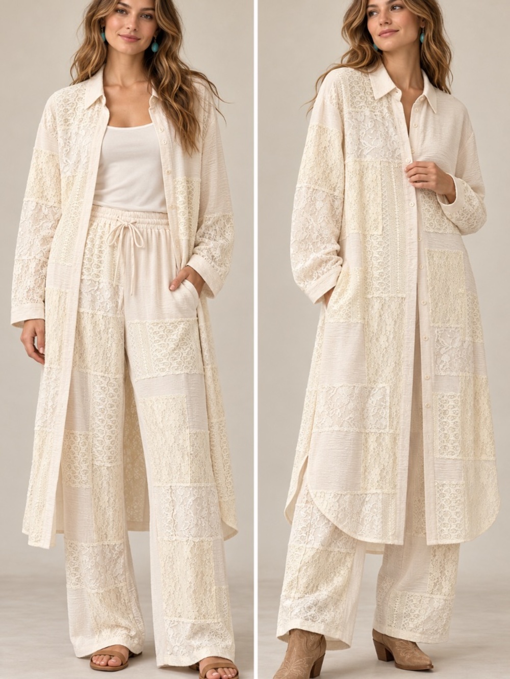 **Origami Ivory Lace Patchwork Duster & Pants Set — Top S / Pants L**